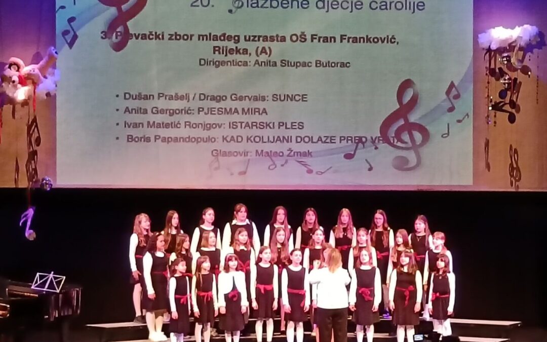 PJEVAČKI ZBOR I ŠKOLSKA KAPA NA JUBILARNIM 20. GLAZBENIM DJEČJIM ČAROLIJAMA
